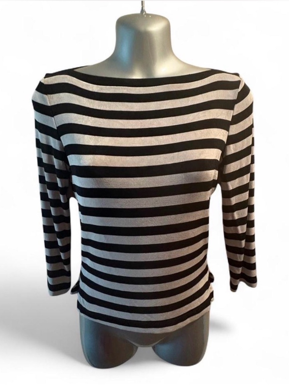 Rare Vintage 90s Striped Boatneck Slinky Long-Sleeve Top in Black and Silver M